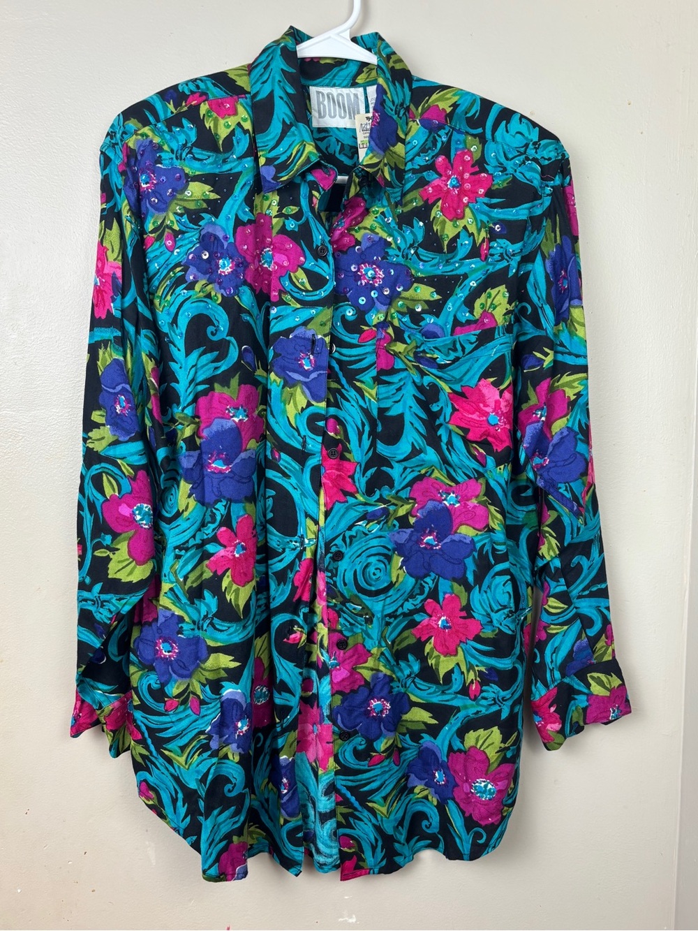 Floral Button-Down Shirt in Teal, Fuchsia & Purple